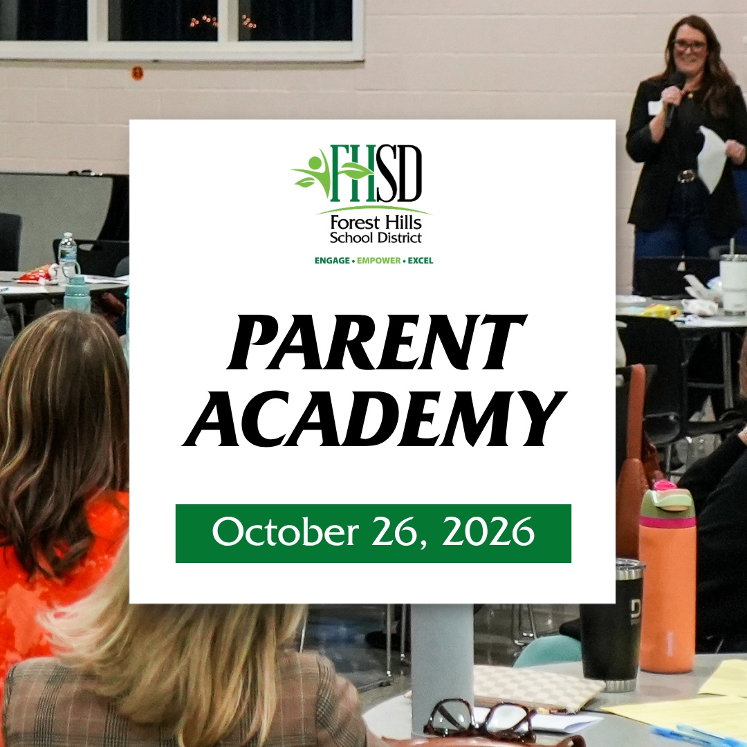 graphic with a photo of a Parent academy speaker underneath text that says "parent academy October 26, 2026" under the FHSD logo